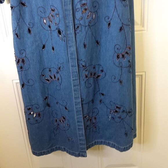 MSAS blue denim long sleeve button front embroidery and laser cutouts duster - Picture 4 of 16